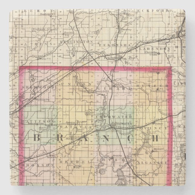 Porta-copo De Pedra Mapa de Branch County, Michigan (Frente)