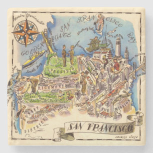 Porta-copo De Pedra Mapa Ilustrado de Vintage San Francisco