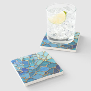 Porta-copo De Pedra Mar de Ondas Azul e Dourado Mosaico Arte Refinada