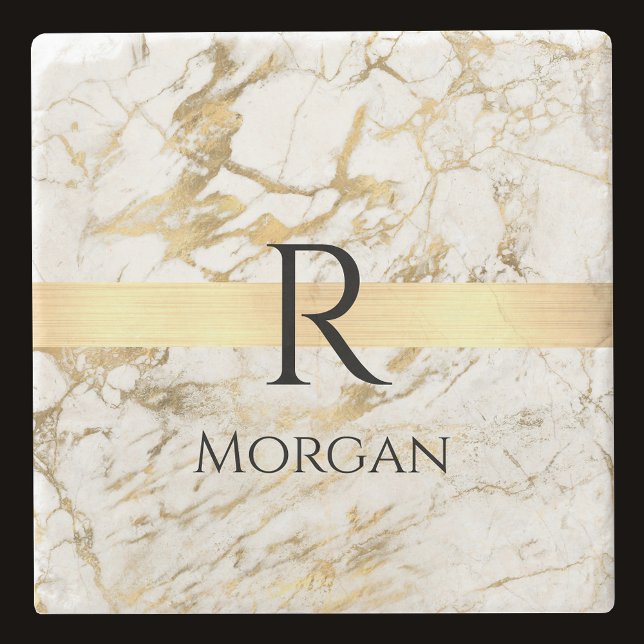 Porta-copo De Pedra Marble branco e Dourado, nome preto e monograma (Criador carregado)