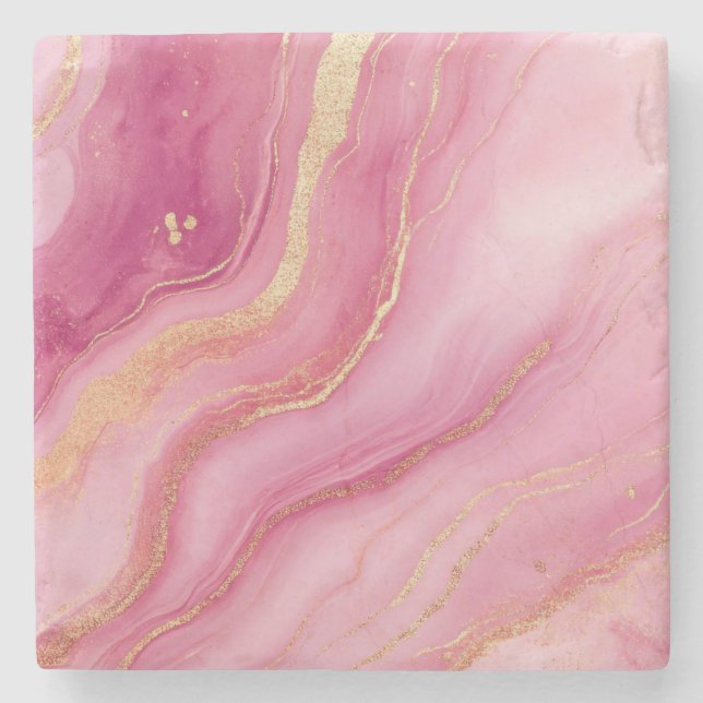 Porta-copo De Pedra Marble Elegante rosa e Dourado (Frente)