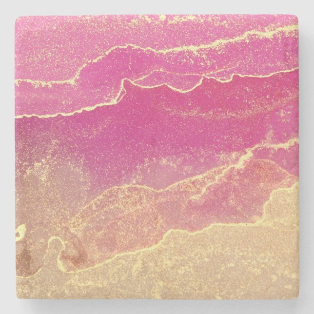 Porta-copo De Pedra Marble Elegante rosa e Dourado (Frente)