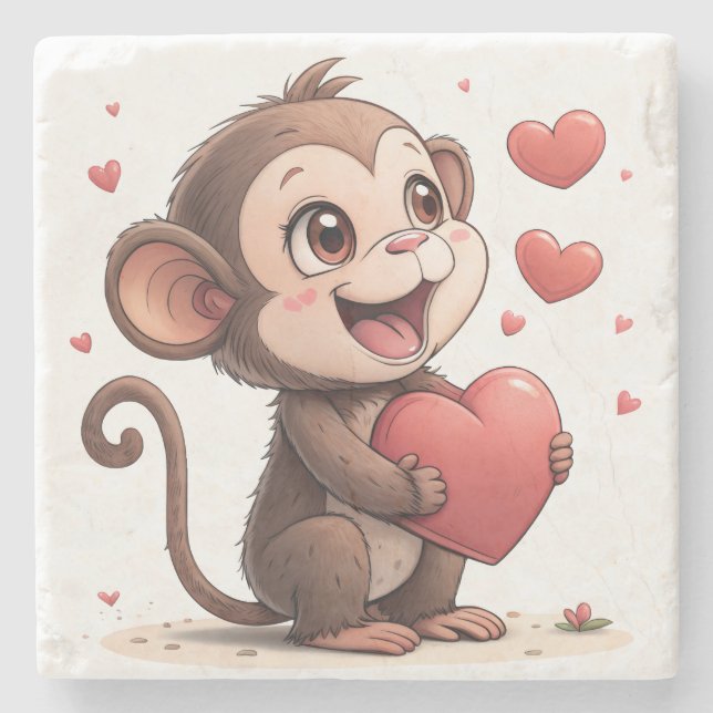 Porta-copo De Pedra Marble Stone Coaster Valentine's Day Monkey Red  (Frente)
