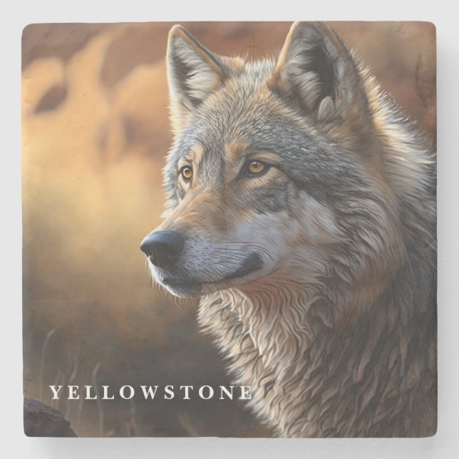 Porta-copo De Pedra Marble Stone Porta copos-Yellowstone Wolf (Frente)