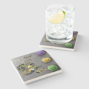 Porta-copo De Pedra Mardi Gras Máscara de SlipperyJoe, verde-ouro roxo