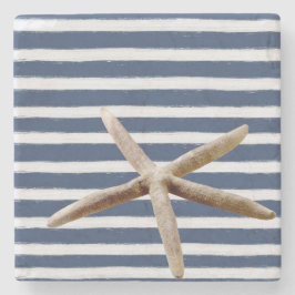 Porta-copo De Pedra Marinho Blue e White Stripes Starfish