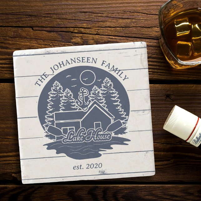 Porta-copo De Pedra Marinho Blue & White Rustic Wood NMaritime Lake Ho (Criador carregado)