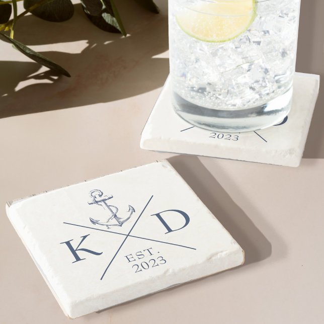 Porta-copo De Pedra Marinho de Âncora do Monograma Náutico (Immerse yourself in the calming, serene energy of the sea with our Monogram Anchor Stone Coaster)