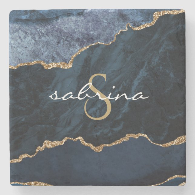 Porta-copo De Pedra Marinho de Geodo Agate de Monograma Azul Dourado (Frente)