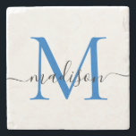 Porta-copo De Pedra Marinho de Script de Monograma Personalizado Elega<br><div class="desc">Marinho personalizado elegante Nome do script de monograma azul Na moda Stone Porta copos</div>