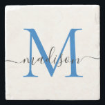 Porta-copo De Pedra Marinho de Script Monograma Personalizado Elegante<br><div class="desc">Marinho Personalizado Elegante Nome do Script Monograma Azul Monograma Na moda Porta copos Stone</div>