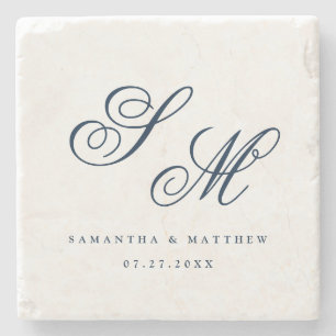 Porta-copo De Pedra Marinho Elegante Blue Script Monograma Weding Favo