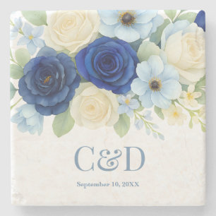 Porta-copo De Pedra Marinho Royal Bue Casamento Watercolor Flores De M