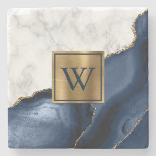 Porta-copo De Pedra Mármore Branco Dourado Ágata Azul Marinho Monogram