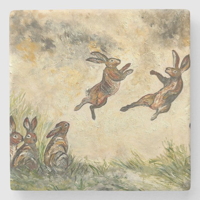 Porta-copo De Pedra Meadow Matchup Playful Hares in a Meadow  (Frente)