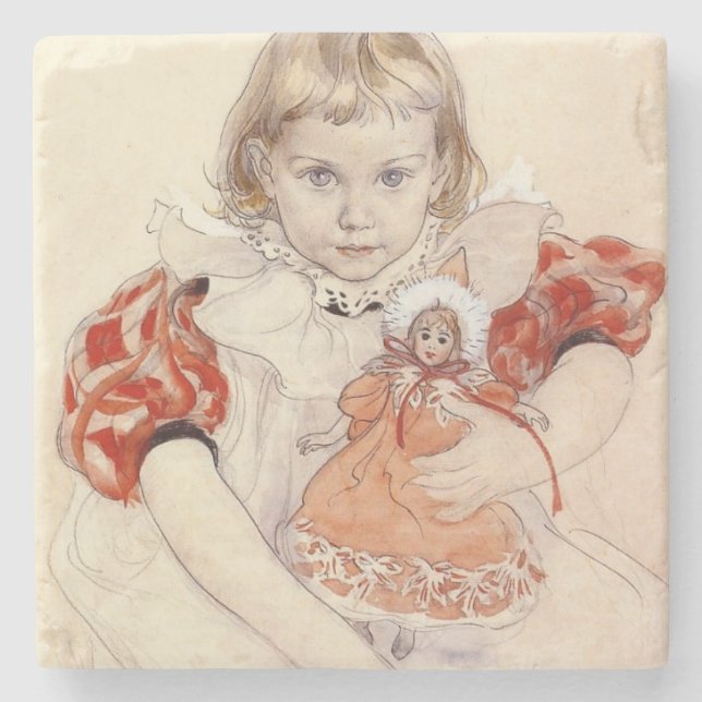 Porta-copo De Pedra Menina bonita com boneca (Arte infantil) (Frente)