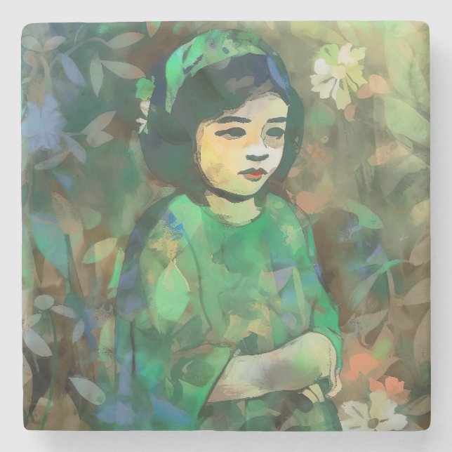 Porta-copo De Pedra Menina em vestida verde (Frente)