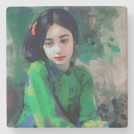 Porta-copo De Pedra Menina em vestida verde