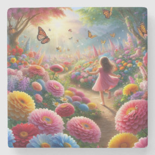 Porta-copo De Pedra Menina num Campo de Flores e Borboletas
