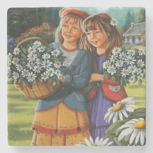 Porta-copo De Pedra Meninas Colhendo Flores Arte Refinada