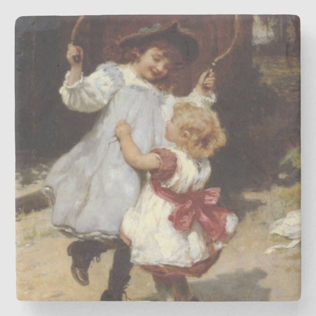 Porta-copo De Pedra Meninas pulando com corda pulando (Frente)