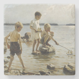Porta-copo De Pedra Meninos Brincando na Praia (por Albert Edelfelt)