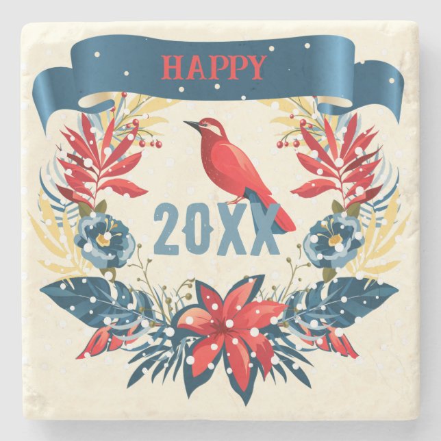 Porta-copo De Pedra Merry Christmas and Happy New Year! 20XX Red Bird (Frente)