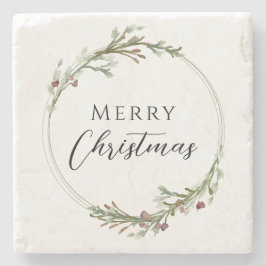 Porta-copo De Pedra Merry Christmas Minimalist Wreath White