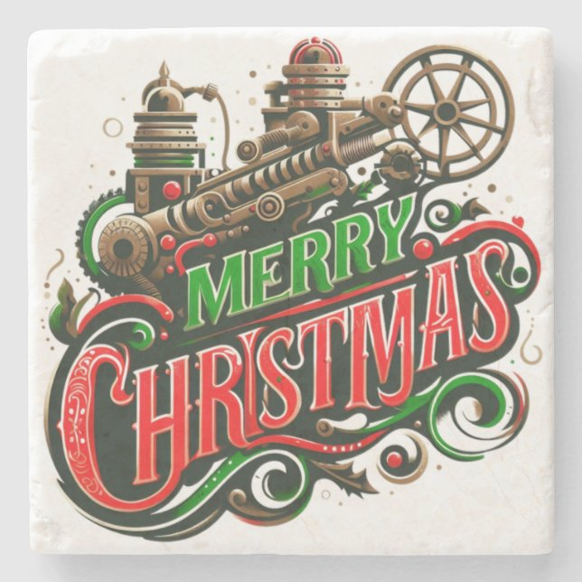 Porta-copo De Pedra Merry Christmas steampunk (Frente)
