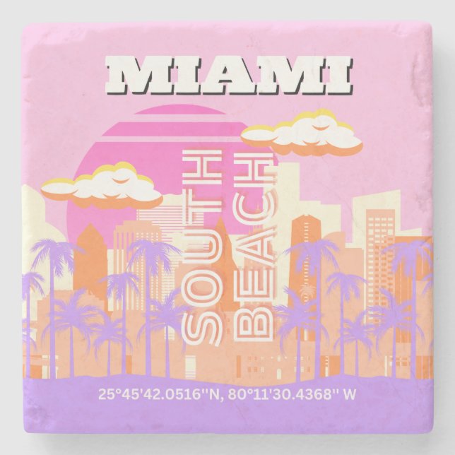 Porta-copo De Pedra Miami Beach, Miami Viagem Art, Preppy Room, rosa (Frente)