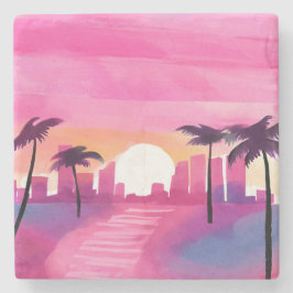 Porta-copo De Pedra Miami em Rosa | Pintura em Aquarela Brilhante