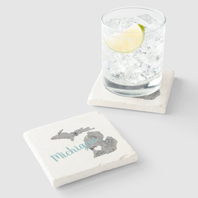 Porta-copo De Pedra Michigan Floral Cheia Silhouette com "Michigan" (Lateral)