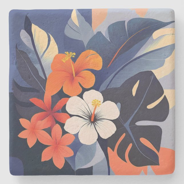 Porta-copo De Pedra Mid-Century Modern Hawaiian Hibiscus and Plumeria (Frente)