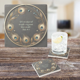 Porta-copo De Pedra Mínimo Elegante Penas de Pavão Personalizável