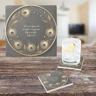 Porta-copo De Pedra Mínimo Elegante Penas de Pavão Personalizável