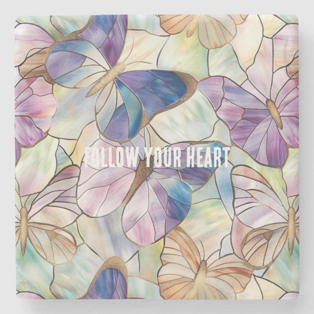 Porta-copo De Pedra Mint Aqua Blue Purple Butflies (Frente)