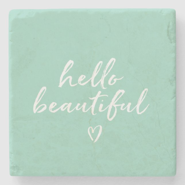 Porta-copo De Pedra Mint White Hello Beautiful Inspirational Heart (Frente)