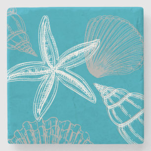Porta-copo De Pedra Modern Seashell Beach House Aqua Blue Starfish