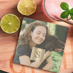 Porta-copo De Pedra Moldura Dourada com Foto Personalizada e Monograma