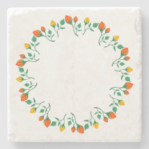 Porta-copo De Pedra Moldura redonda floral com flor amarela e rosa ver