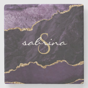 Porta-copo De Pedra Monograma Agate Geode Purple Dourado