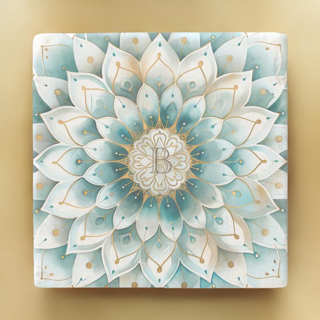 Porta-copo De Pedra Monograma Blue Teal Dourado Mandala (Criador carregado)