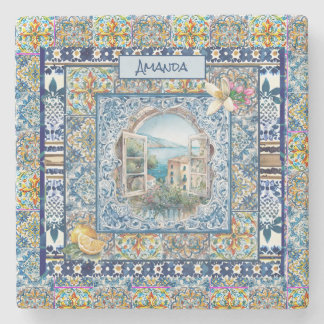 Porta-copo De Pedra monograma de azulejos florais azuis-italianos de v