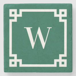 Porta-copo De Pedra Monograma de Borda Chave Grega Verde e Branca