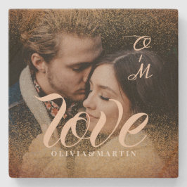 Porta-copo De Pedra Monograma de Fotografia do Casal Glitter Dourado P