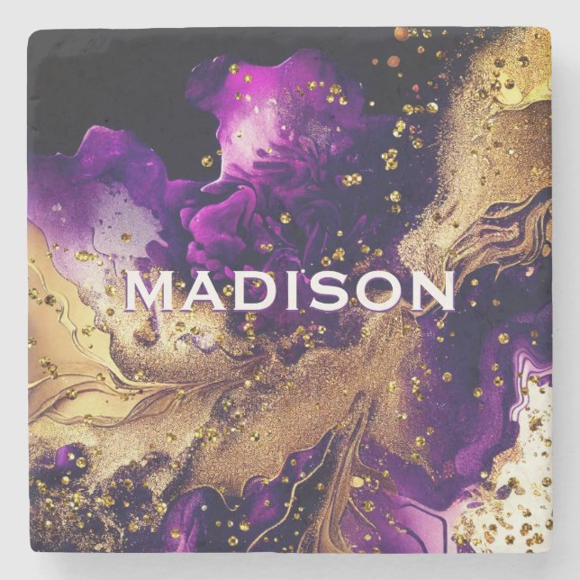 Porta-copo De Pedra Monograma de mistura de dourado púrpura e glitter (Frente)