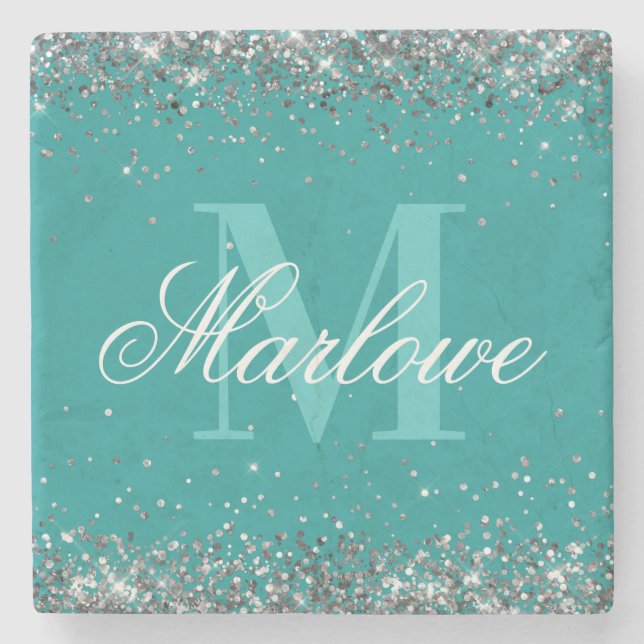 Porta-copo De Pedra Monograma de na moda Silver Glitter Teal (Frente)