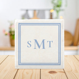 Porta-copo De Pedra Monograma de Três Letras Azul e Branco