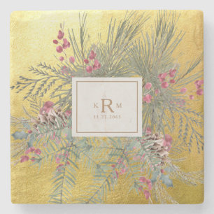 Porta-copo De Pedra Monograma Dourado de Pinheiro de Natal