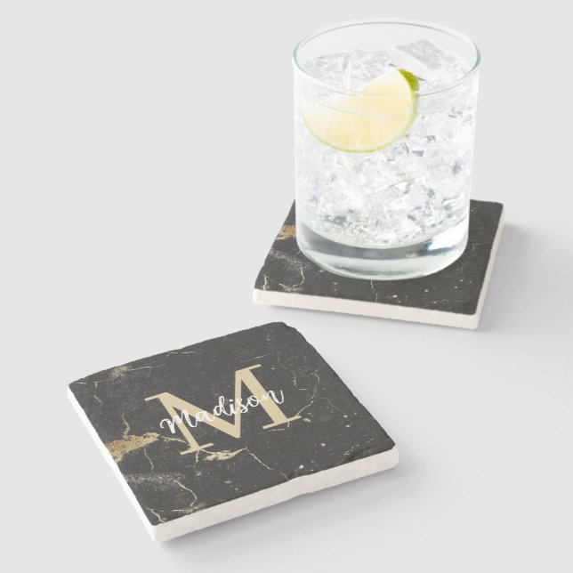 Porta-copo De Pedra Monograma Dourado Marble (Lateral)